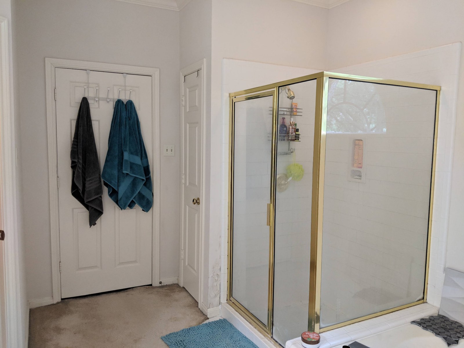 Bathroom before remodeling with a gold-framed shower enclosure and carpet flooring
