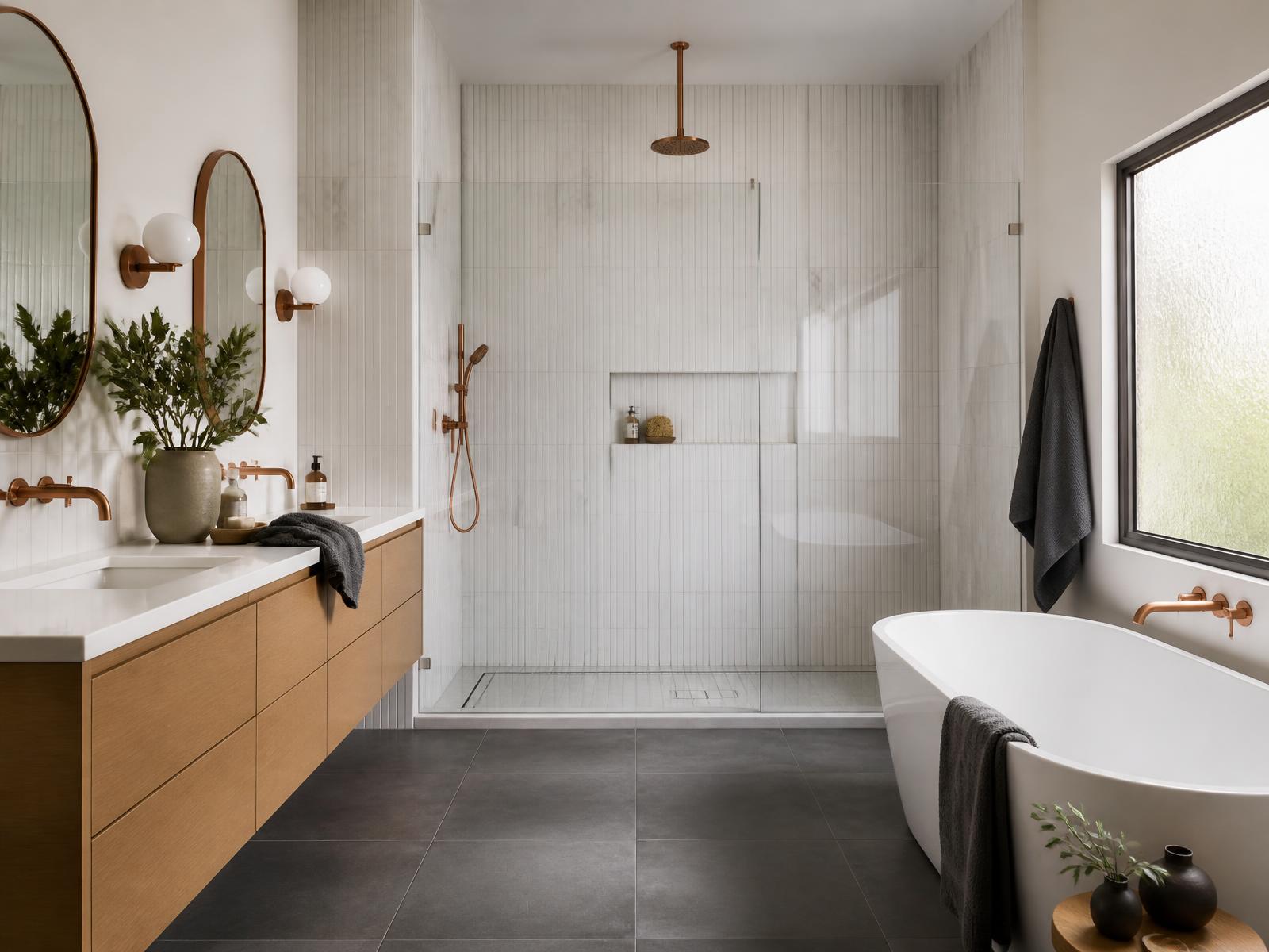 After: Luxury primary bathroom with curbless walk-in shower, oak vanity, and freestanding tub